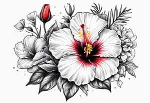 Hibiscus with wildflowers, poppy, complimentary flowers tattoo idea
