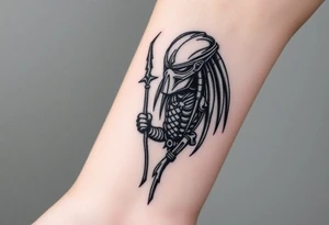 Predator with staff pointing towards sky with lighting bolt tattoo idea