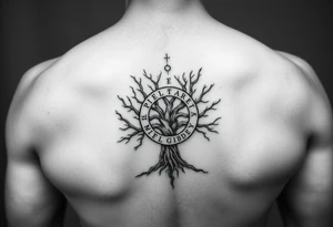 yggadrisl tree of life with circle of runes names Jai, Phoebe, Imogen, Matilda on four branches tattoo idea