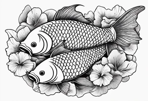 elegant Koi fish wit log tail and pearls, ginkgo leaf, white background tattoo idea