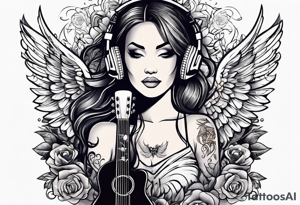 Microphone and musical notes and guitar and wings and female tattoo idea