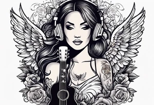 Microphone and musical notes and guitar and wings and female tattoo idea