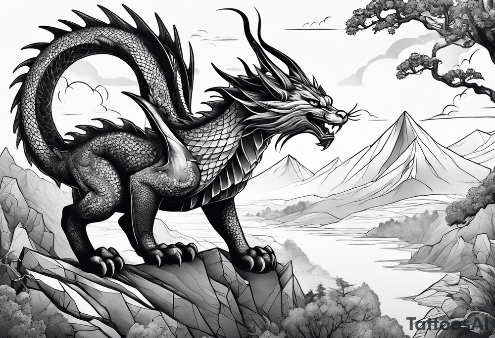 cat and dragon in landscape tattoo idea