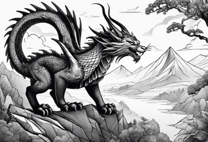 cat and dragon in landscape tattoo idea
