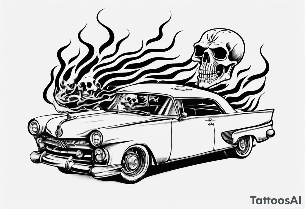 vintage classic car with flames coming out of the bonnet and a skeleton head coming from the top of the flames tattoo idea