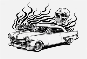 vintage classic car with flames coming out of the bonnet and a skeleton head coming from the top of the flames tattoo idea