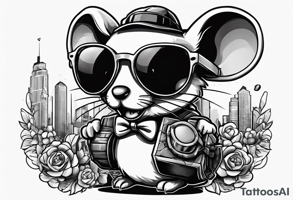 Mouse in sunglasses holding a bomb 8 bit style tattoo idea