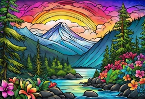 Mountain scene with rainbow sky backdrop. Must include evergreen trees, plumeria flower, Hawaiian sea turtle, and something to represent my Finnish roots tattoo idea