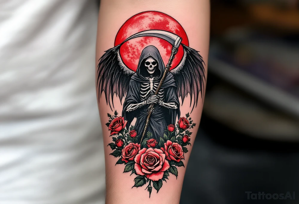 A grim reaper with skeletal wings, standing in a field of dying roses under a blood-red moon. tattoo idea