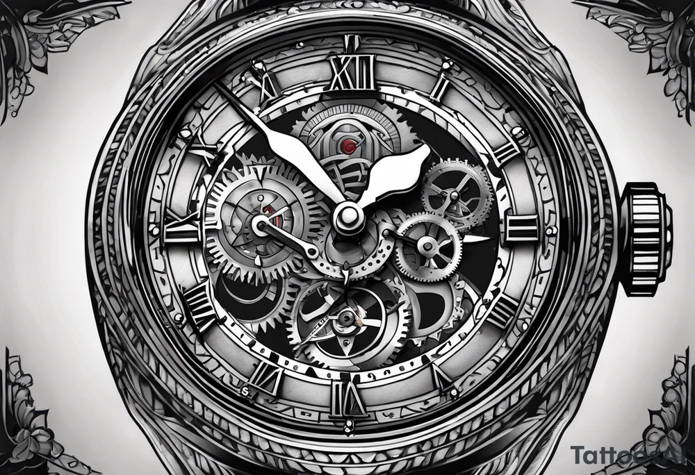 Une horloge mécanique avec sa chaîne enroulée autour d’un sablier en noir et gris sur l’avant-bras. À adopter ! tattoo idea