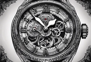 Une horloge mécanique avec sa chaîne enroulée autour d’un sablier en noir et gris sur l’avant-bras. À adopter ! tattoo idea