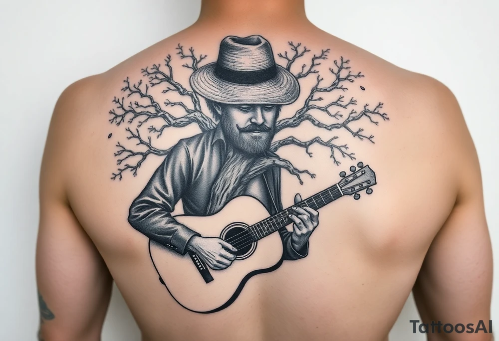 Man with hat but cant see face 
playing acoustic guitar underneath tree of life concept style tattoo idea