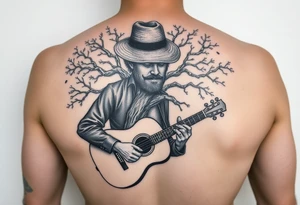 Man with hat but cant see face 
playing acoustic guitar underneath tree of life concept style tattoo idea