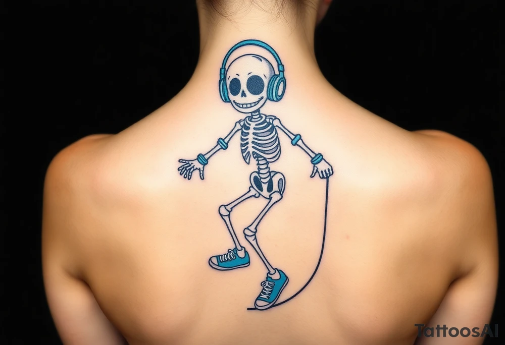 Cute smiling skeleton jumping on a jump rope with blue headphone and blue tennis shoes and blue armbands with nice  music notes on the headphones tattoo idea