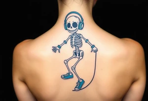 Cute smiling skeleton jumping on a jump rope with blue headphone and blue tennis shoes and blue armbands with nice  music notes on the headphones tattoo idea