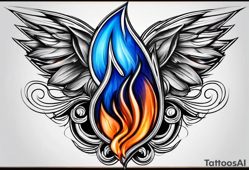 Blue and orange flame that has a half square thin line border. Make it as small as possible. The tattoo should be the size of a half dollar coin. tattoo idea