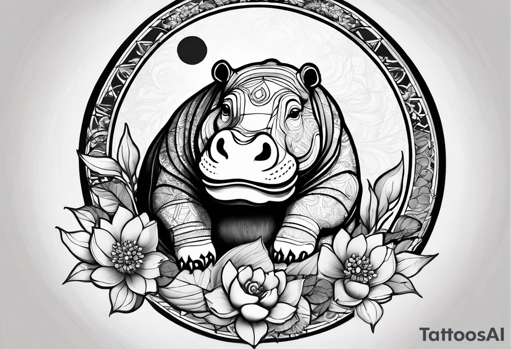 Very asymmetrical, +geometric pattern, with realistic full moon, with seeious looking hippo, +zen feel, + Buddhism touch,
with wintersweet flower bud, +portrait orientation, +inkart touch, tattoo idea