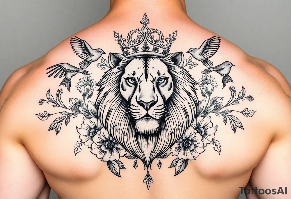 powerful majestic lion with a crown, surrounded by floral ornaments and birds tattoo idea