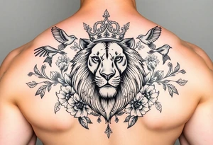 powerful majestic lion with a crown, surrounded by floral ornaments and birds tattoo idea