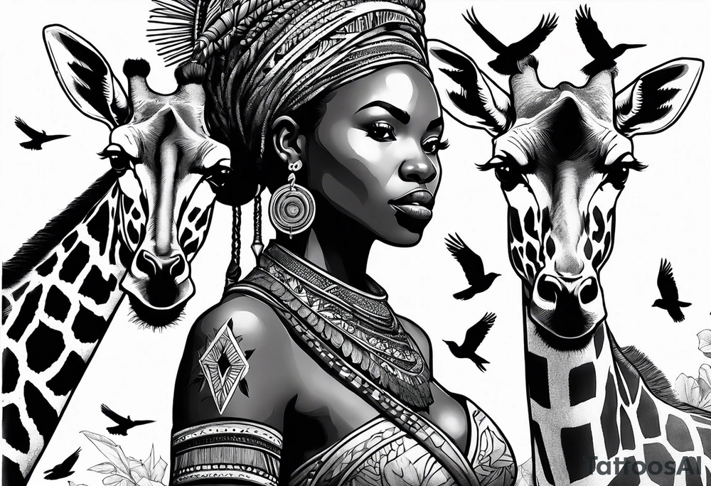 African woman warrior holding a spear with birds in the background and giraffe tattoo idea
