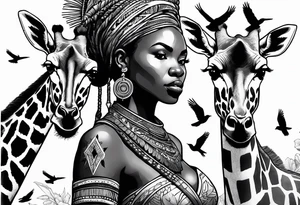 African woman warrior holding a spear with birds in the background and giraffe tattoo idea