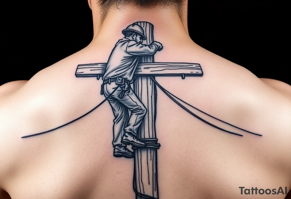 power lineman climbing a wooden 12kv pole. Make the pole a cross that has a hidden resemblance to god. Make the lineman Mexican tattoo idea