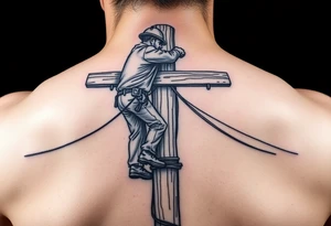 power lineman climbing a wooden 12kv pole. Make the pole a cross that has a hidden resemblance to god. Make the lineman Mexican tattoo idea