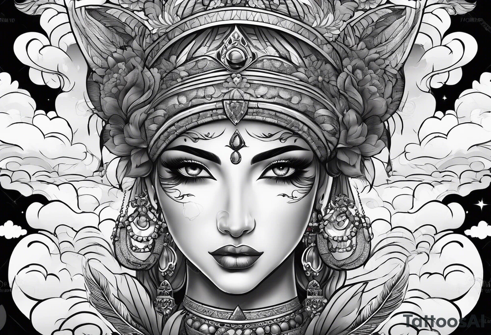 Face with eyes with background and clouds tattoo idea