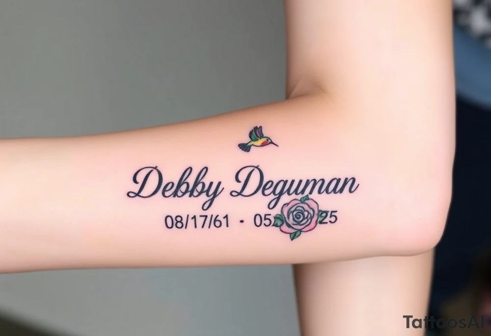Tattoo of the exact name Debby Deguzman in chunky bold curly cursive with the exact dates of 08/17/61-05/29/25 surrounded by 1 hummingbird and 1 rose tattoo idea