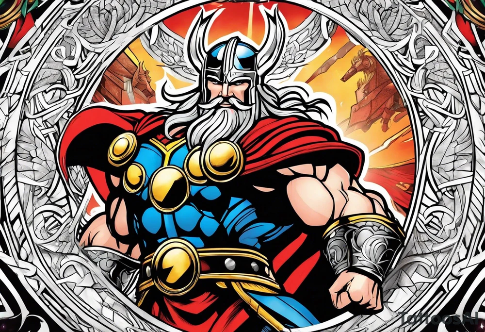 The Mighty Thor from comics in the 70's with a vignette in the background tattoo idea