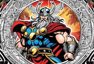 The Mighty Thor from comics in the 70's with a vignette in the background tattoo idea