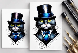 Black cat in a tuxedo, wearing a top hat and holding a cane tattoo idea