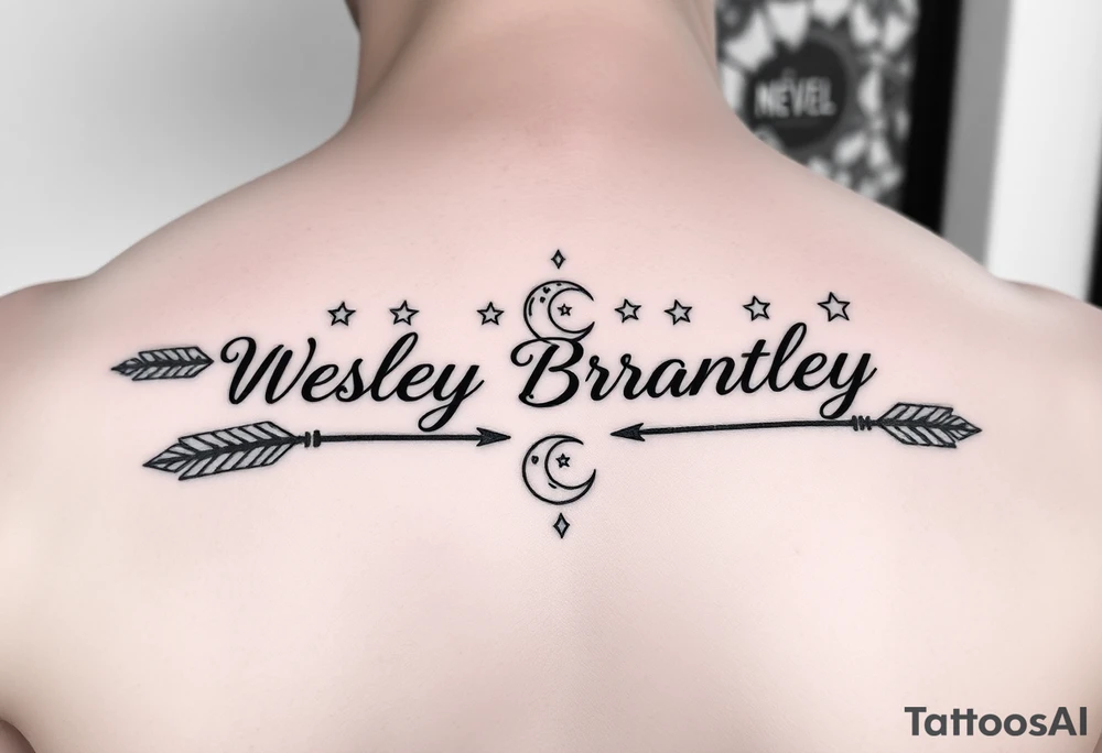 name tattoo Wesley Brantley Logan with arrows and moons and stars tattoo idea