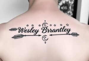 name tattoo Wesley Brantley Logan with arrows and moons and stars tattoo idea