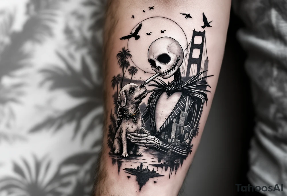 jack skellington with dog,smoking a blunt and fishing,surrounded by city buildings,golden gate bridge, birds, palm trees, tattoo idea