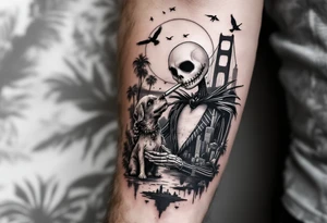 jack skellington with dog,smoking a blunt and fishing,surrounded by city buildings,golden gate bridge, birds, palm trees, tattoo idea