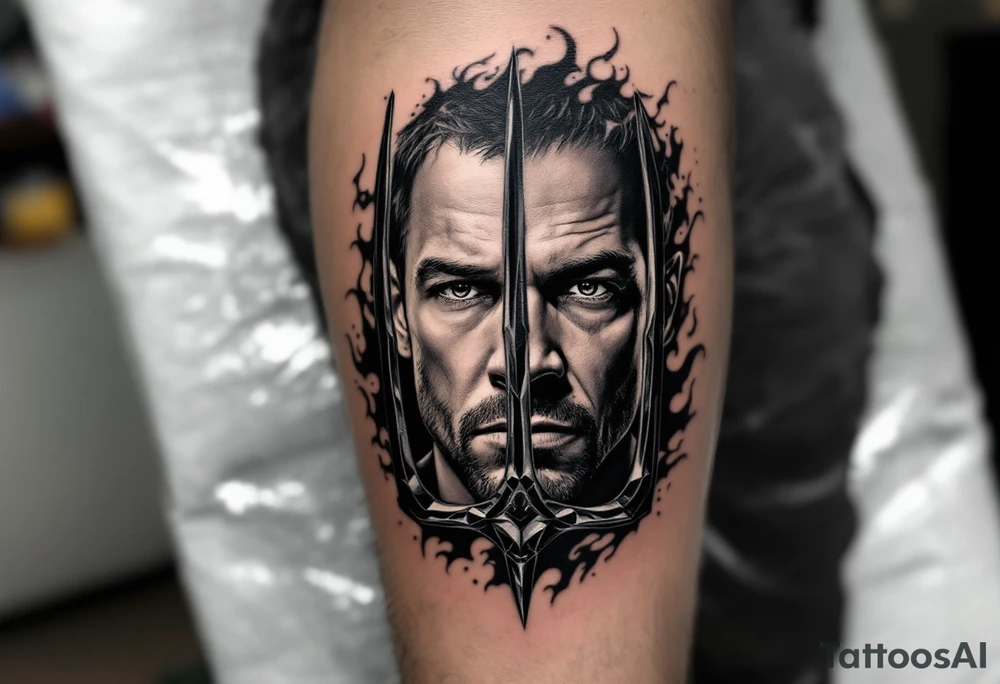 close-up Dexter face behind a trident tattoo idea