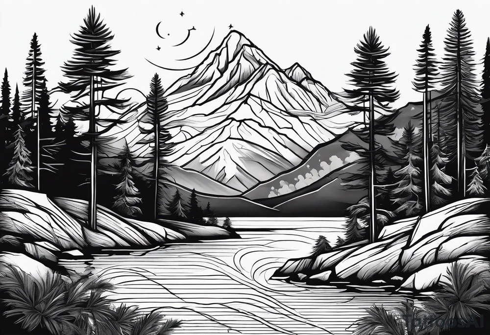 A snow capped mountain with pine trees and a river, the pine trees start to blend into palm trees, and the river becomes an ocean tattoo idea