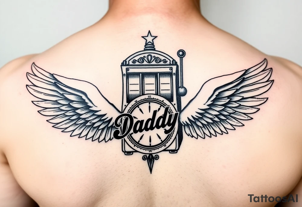 Slot machine and compass with word Daddy and angel wings tattoo idea