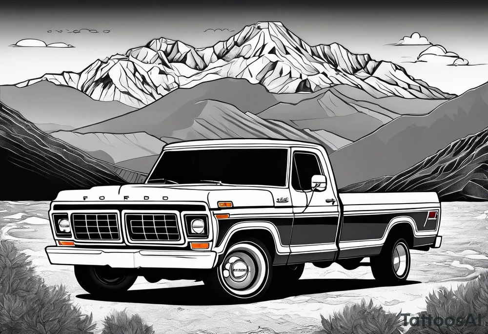 1974 ford f-100 in front of mountains tattoo idea