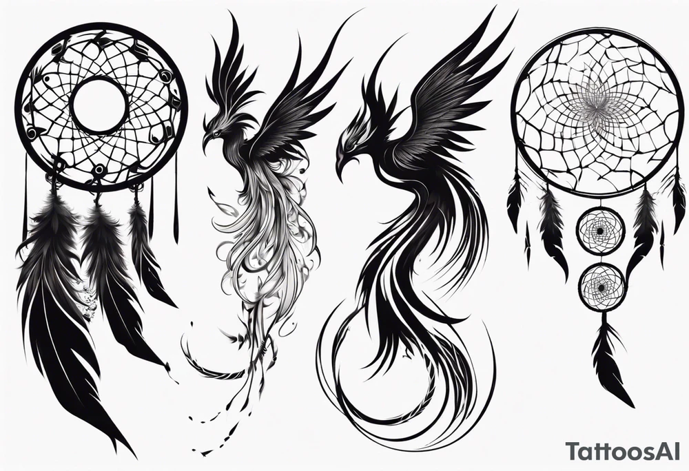 Vertical angry flying Phoenix with wings blending into circles and a long abstract dream catcher feather tail tattoo idea