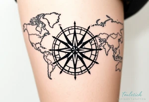 antique compass rose overlaid on weathered world map with sailing ships tattoo idea