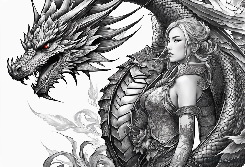 fairy wearing dragon armor and a dragon  flying tattoo idea