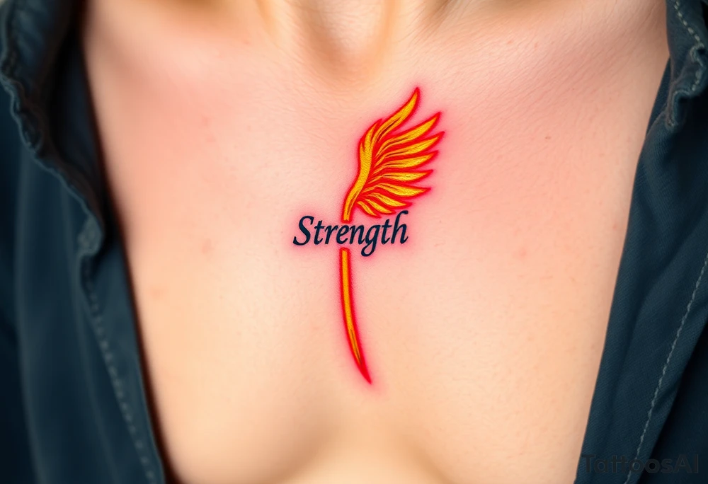A golden phoenix feather with a fiery red glow, featuring the word "Strength", symbolizing resilience and passion in love tattoo idea