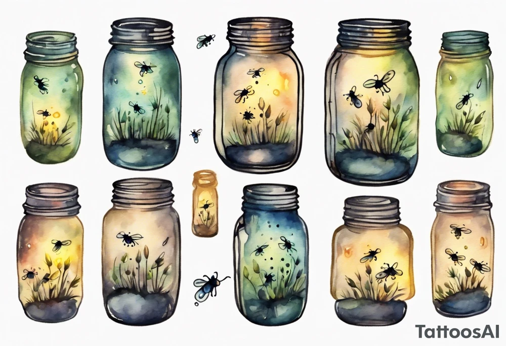 Fireflies coming out of a mason jar and all around the mason jar tattoo idea