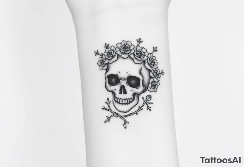 ornate skull adorned with crown of wild roses and thorns tattoo idea