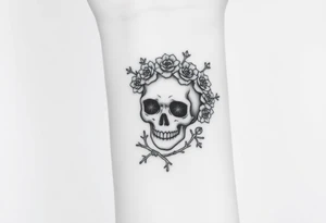 ornate skull adorned with crown of wild roses and thorns tattoo idea