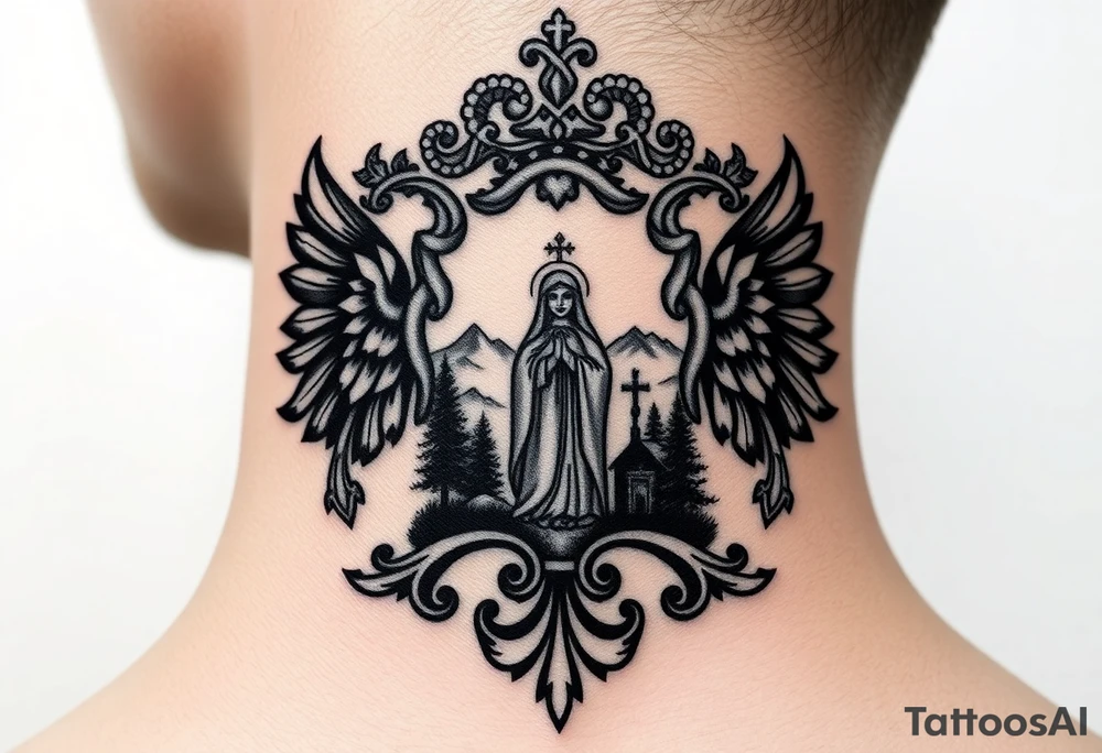 Traditional authentic Russian coat of arms with a Christian orthodox virgin marry in the middle and silhouette in a Russian wilderness Christian orthodoxy village setting tattoo idea