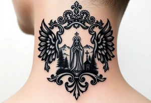 Traditional authentic Russian coat of arms with a Christian orthodox virgin marry in the middle and silhouette in a Russian wilderness Christian orthodoxy village setting tattoo idea