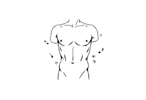 Male Greek statue torso. No arms, legs or head. Fit and muscular. Simple design. Creative arts symbols like music notes scattered around the torso and partially behind it. tattoo idea